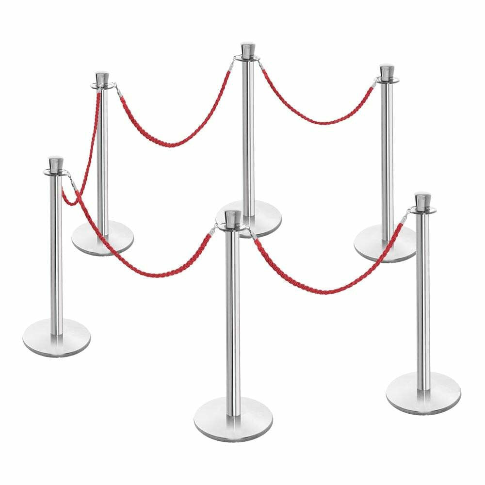 6 x Premium Rope Barrier Posts - Polished Stainless Steel Posts with 5 x Red Twisted Ropes