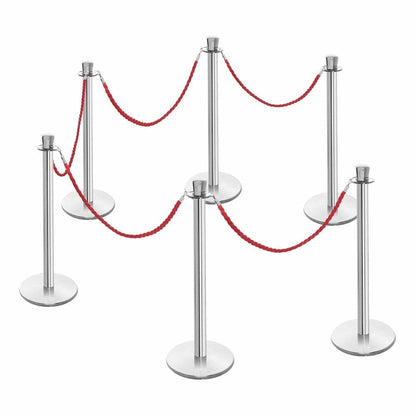 6 x Premium Rope Barrier Posts - Polished Stainless Steel Posts with 5 x Red Twisted Ropes