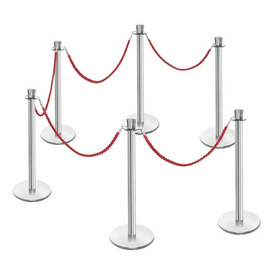 6 x Premium Rope Barrier Posts - Polished Stainless Steel Posts with 5 x Red Twisted Ropes