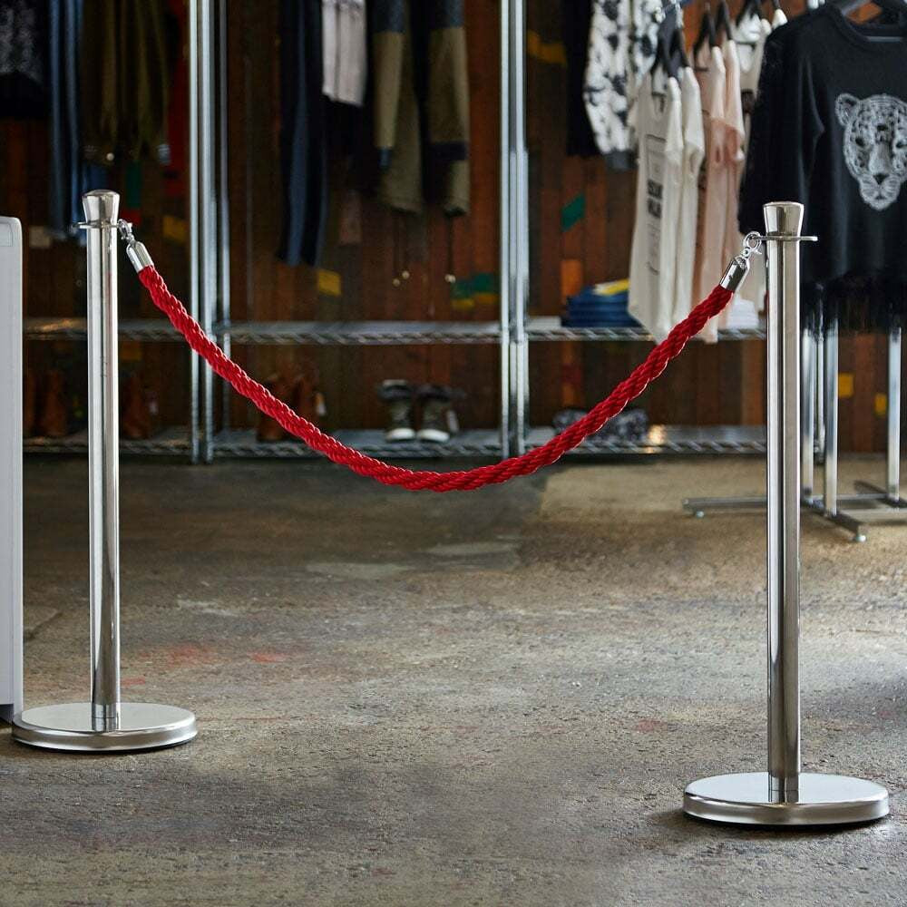 6 x Premium Rope Barrier Posts - Polished Stainless Steel Posts with 5 x Red Twisted Ropes