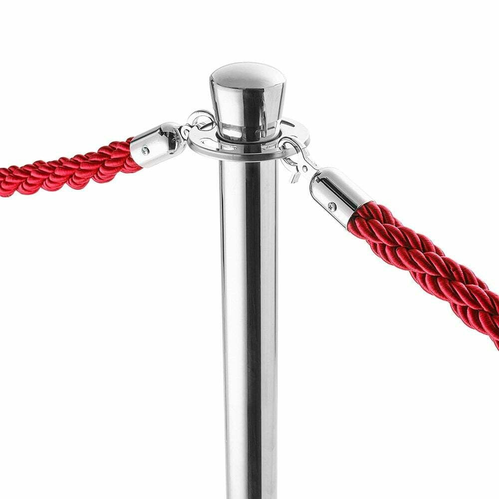 6 x Premium Rope Barrier Posts - Polished Stainless Steel Posts with 5 x Red Twisted Ropes