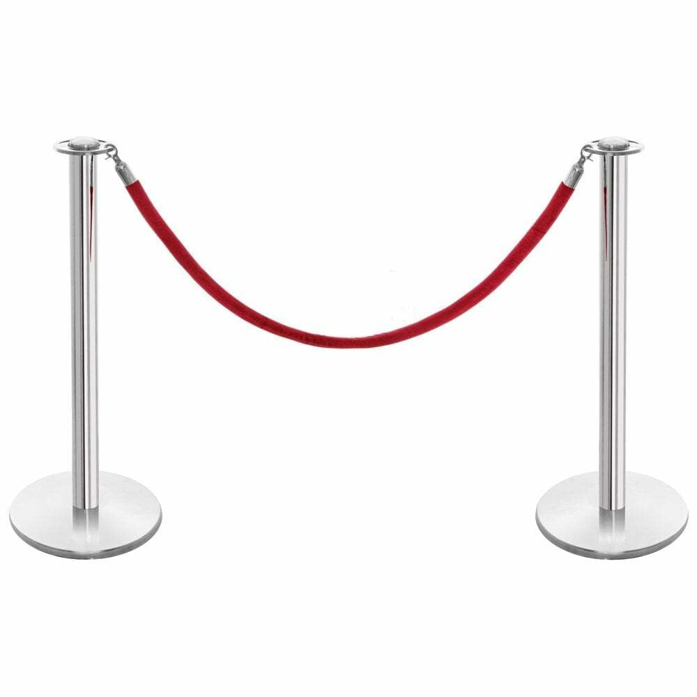 6 x Rope Barrier Posts - Polished Stainless Steel Posts with 5 x Red Velvet Ropes