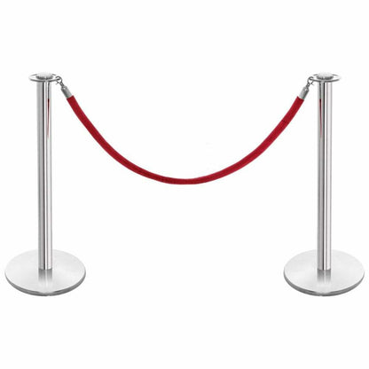 6 x Rope Barrier Posts - Polished Stainless Steel Posts with 5 x Red Velvet Ropes