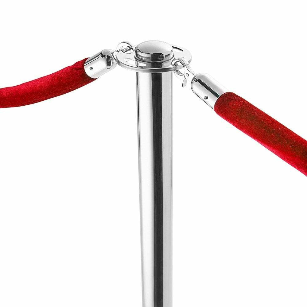 6 x Rope Barrier Posts - Polished Stainless Steel Posts with 5 x Red Velvet Ropes