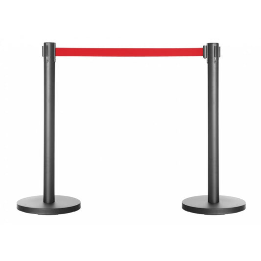 Pair of Retractable Belt Barrier Posts - Black Posts with Red Webbed Belts