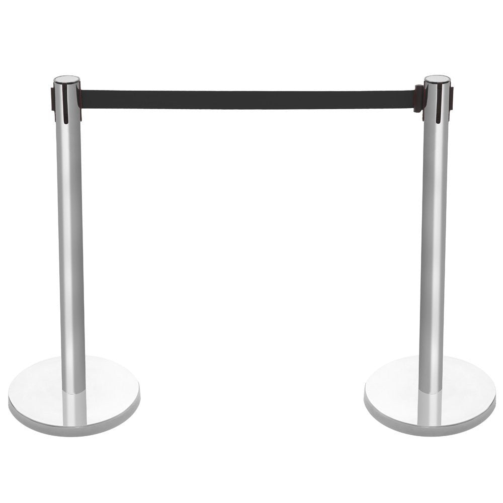 Pair of Retractable Belt Barriers - Brushed Stainless Steel Posts with Black Belts