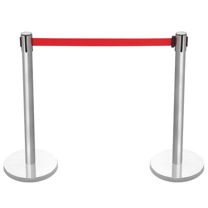Pair of Retractable Belt Barriers - Brushed Stainless Steel Posts with Red Belts
