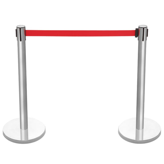 Pair of Retractable Belt Barriers - Brushed Stainless Steel Posts with Red Belts