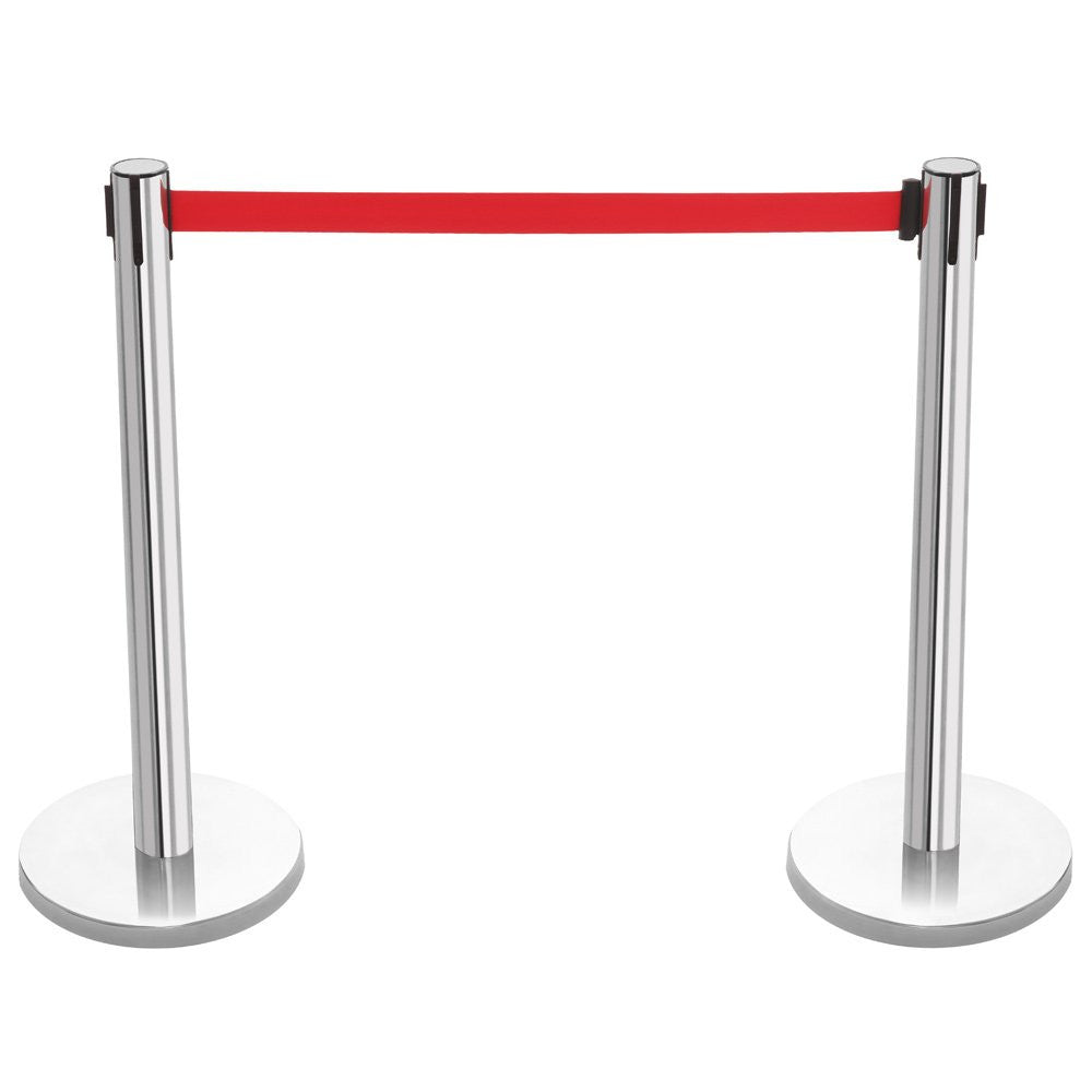 Pair of Retractable Belt Barriers - Polished Stainless Steel Posts with Red Belts