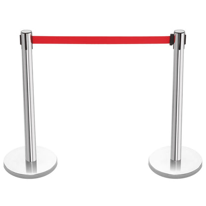 Pair of Retractable Belt Barriers - Polished Stainless Steel Posts with Red Belts