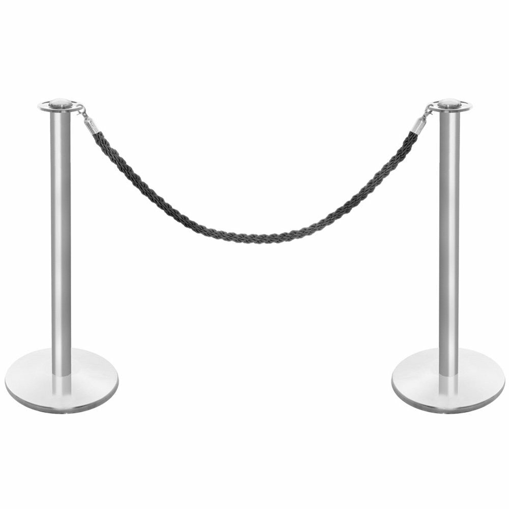 Pair of Rope Barrier Posts - Brushed Stainless Steel Posts with Black Twisted Rope