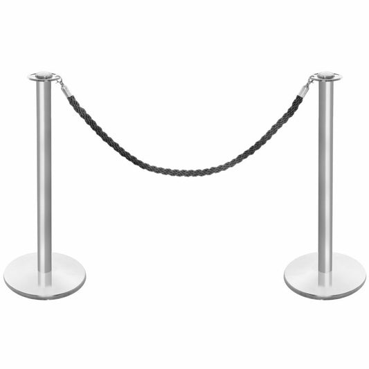 Pair of Rope Barrier Posts - Brushed Stainless Steel Posts with Black Twisted Rope