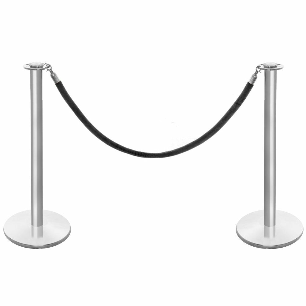 Pair of Rope Barrier Posts - Brushed Stainless Steel Posts with Black Velvet Rope