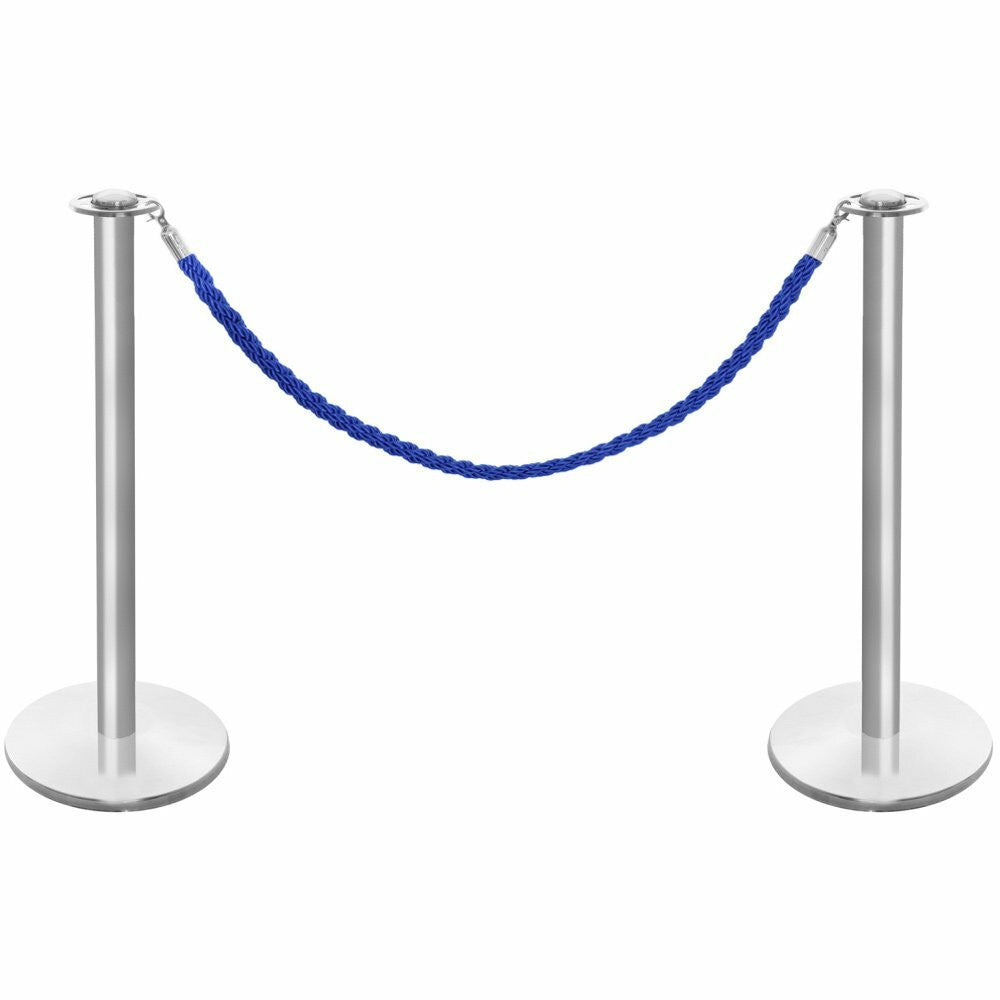 Pair of Rope Barrier Posts - Brushed Stainless Steel Posts with Blue Twisted Rope