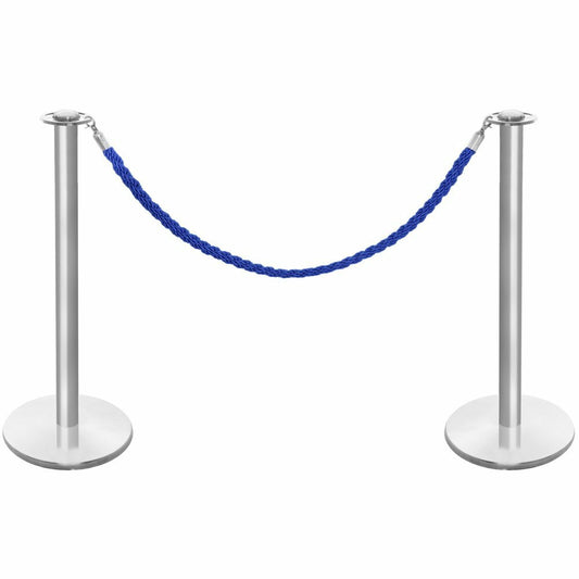 Pair of Rope Barrier Posts - Brushed Stainless Steel Posts with Blue Twisted Rope