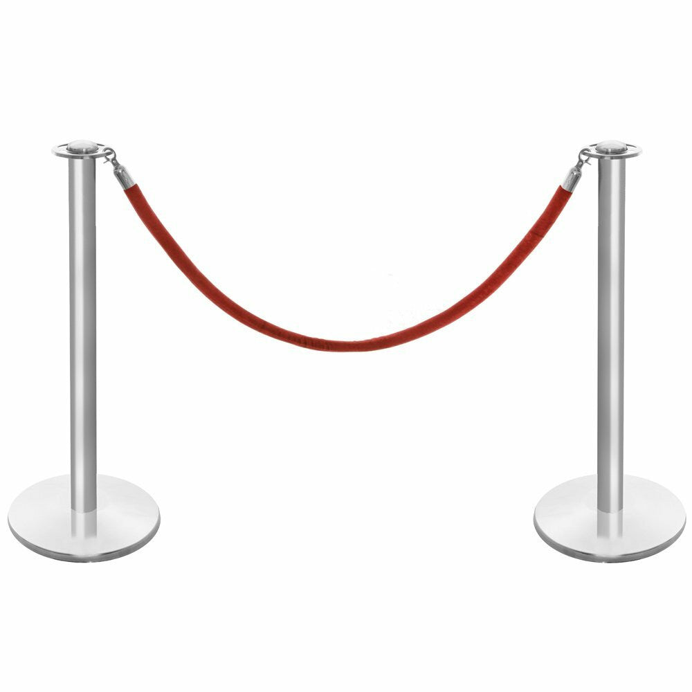 Pair of Rope Barrier Posts - Brushed Stainless Steel Posts with Red Velvet Rope