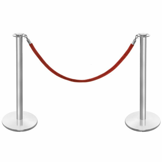 Pair of Rope Barrier Posts - Brushed Stainless Steel Posts with Red Velvet Rope