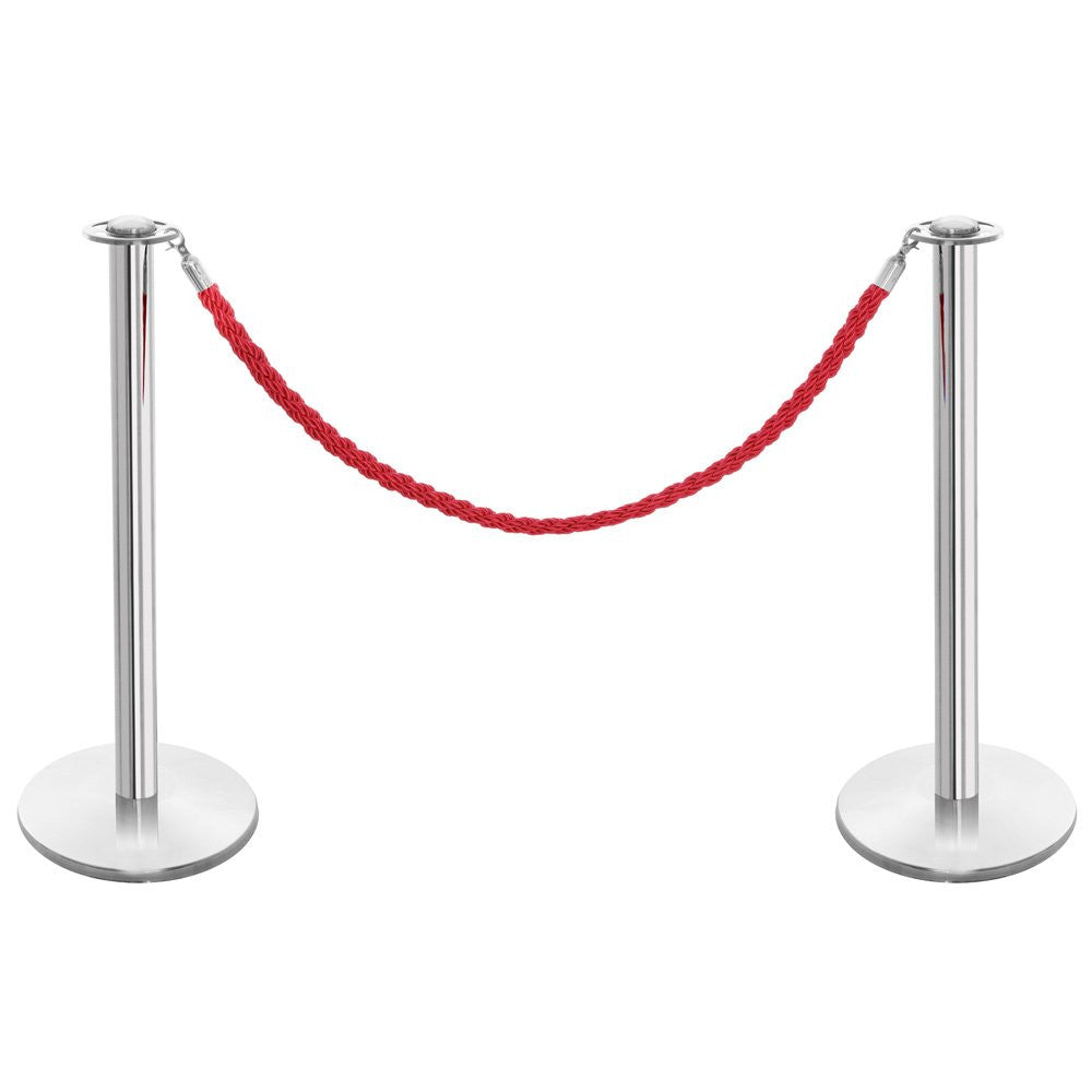 Pair of Rope Barrier Posts - Polished Stainless Steel Posts with Red Twisted Rope