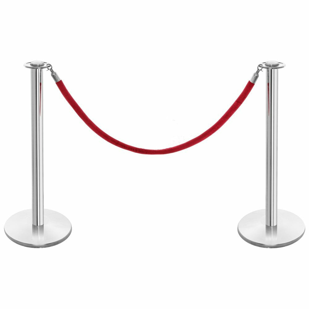 Pair of Rope Barrier Posts - Polished Stainless Steel Posts with Red Velvet Rope