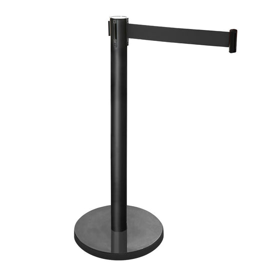 Retractable Belt Barrier Post - Black Post with Black Webbed Belt