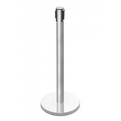 Retractable Belt Barrier Post - Brushed Stainless Steel Post with Black Webbed Belt