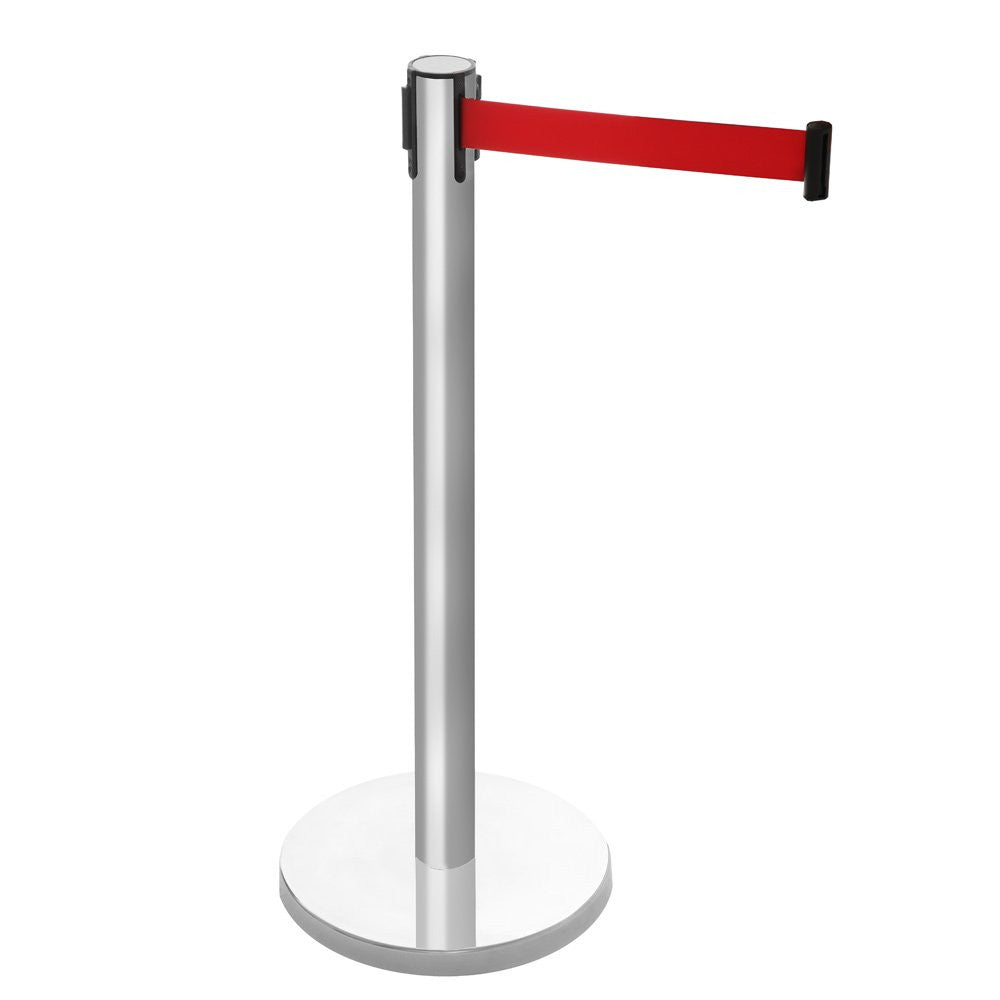Retractable Belt Barrier Post - Brushed Stainless Steel Post with Red Webbed Belt