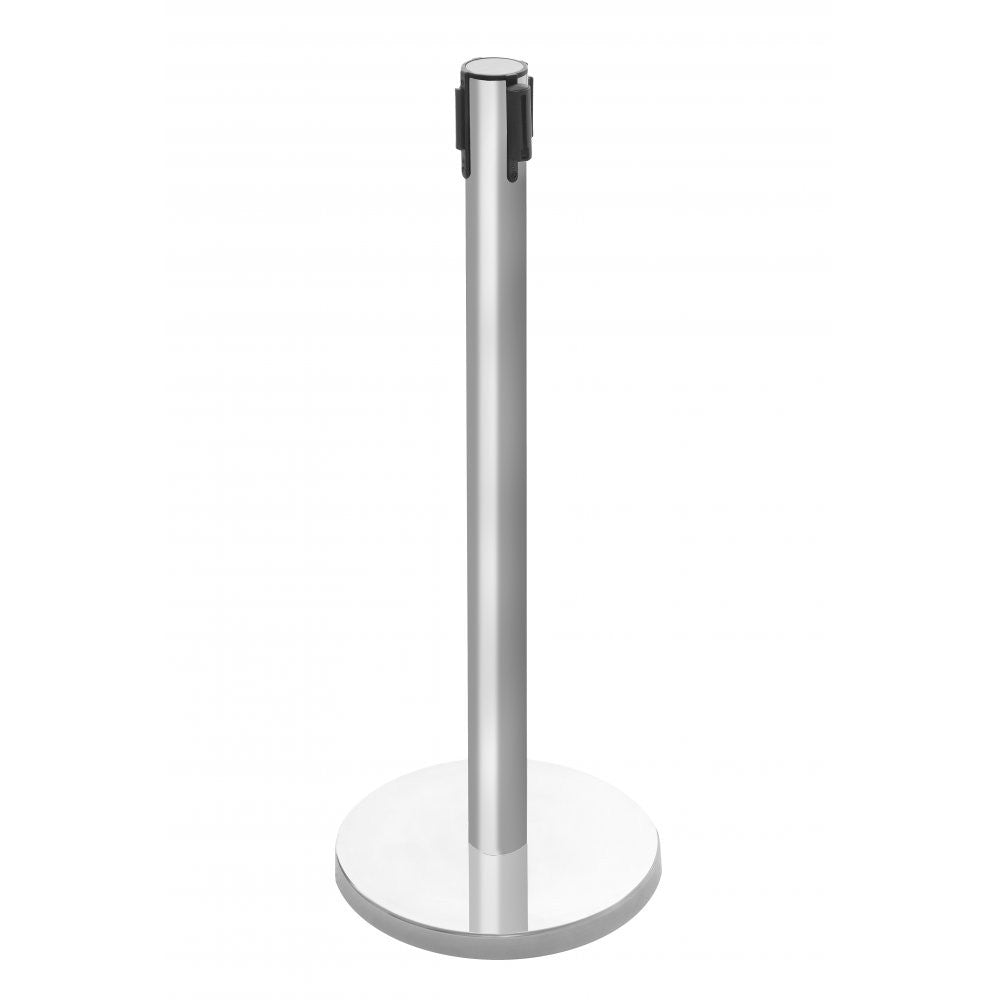 Retractable Belt Barrier Post - Brushed Stainless Steel Post with Red Webbed Belt
