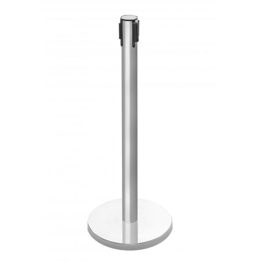 Retractable Belt Barrier Post - Brushed Stainless Steel Post with Red Webbed Belt