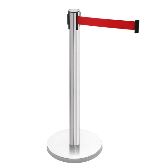 Retractable Belt Barrier Post - Polished Stainless Steel Post with Red Webbed Belt