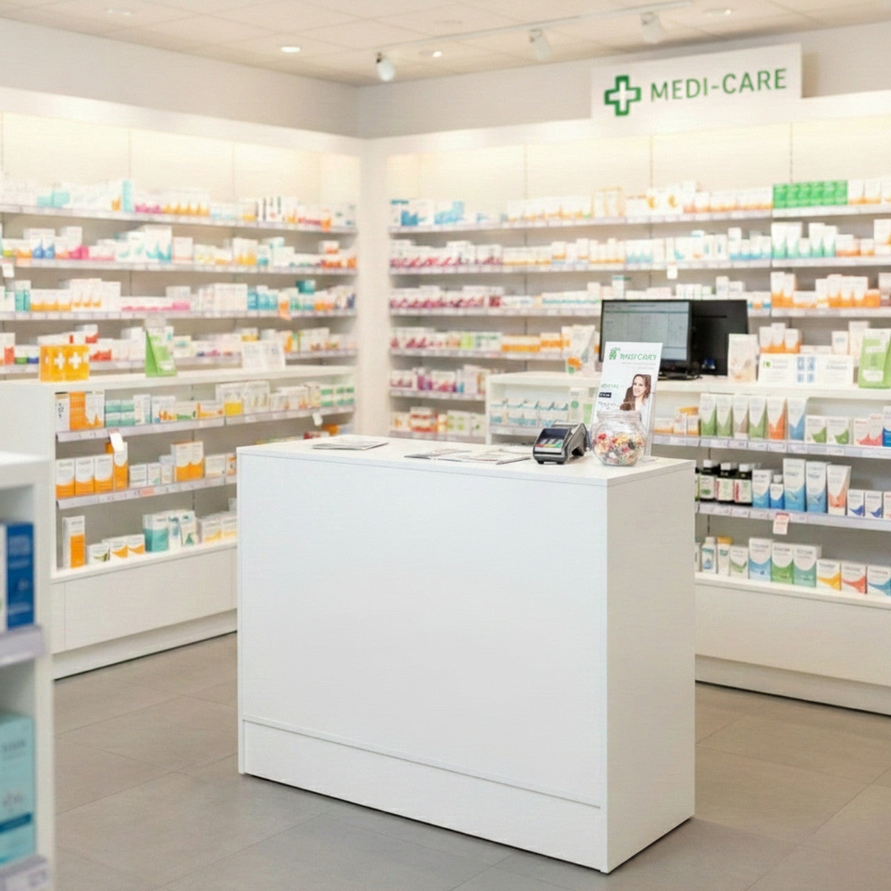 White Shop Counter with Adjustable shelves - Silhouette Range