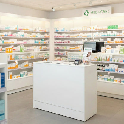 White Shop Counter with Adjustable shelves - Silhouette Range