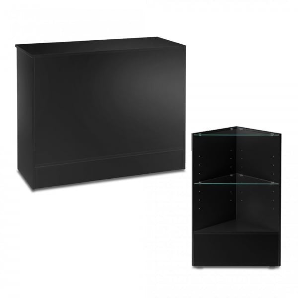 Black Shop Counter and Corner Display Unit with Glass Shelves Bundle - Silhouette Range