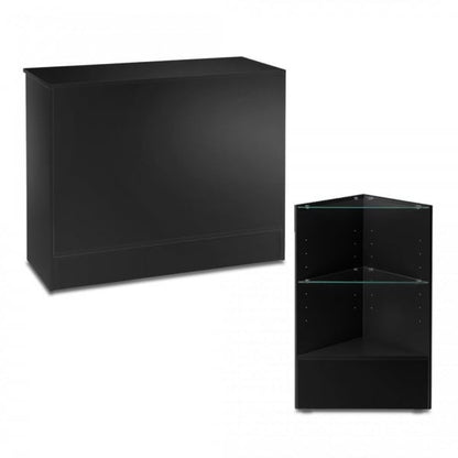 Black Shop Counter and Corner Display Unit with Glass Shelves Bundle - Silhouette Range