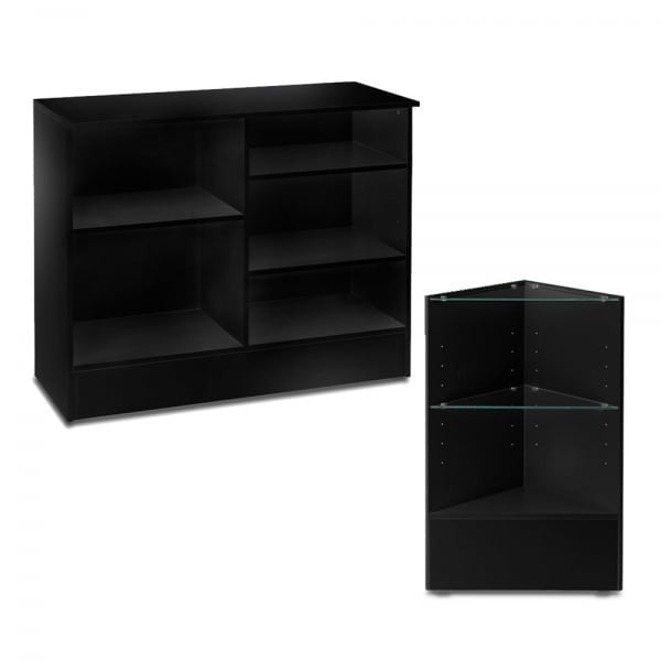 Black Shop Counter and Corner Display Unit with Glass Shelves Bundle - Silhouette Range