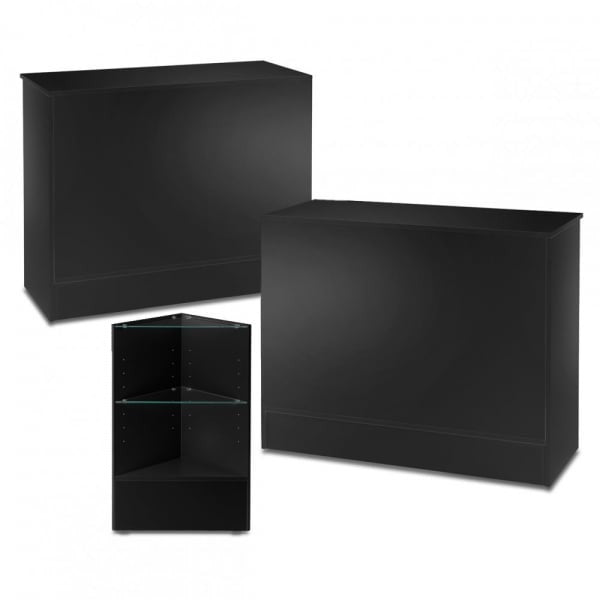 2 x Black Shop Counters and 1x Corner Display Unit with Glass Shelves Bundle