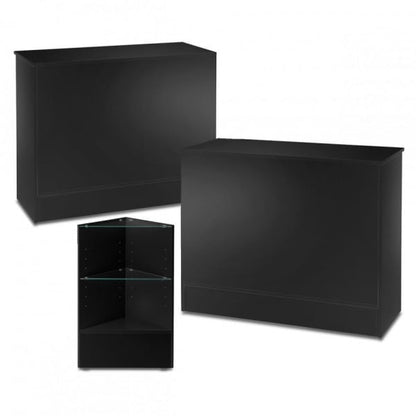 2 x Black Shop Counters and 1x Corner Display Unit with Glass Shelves Bundle