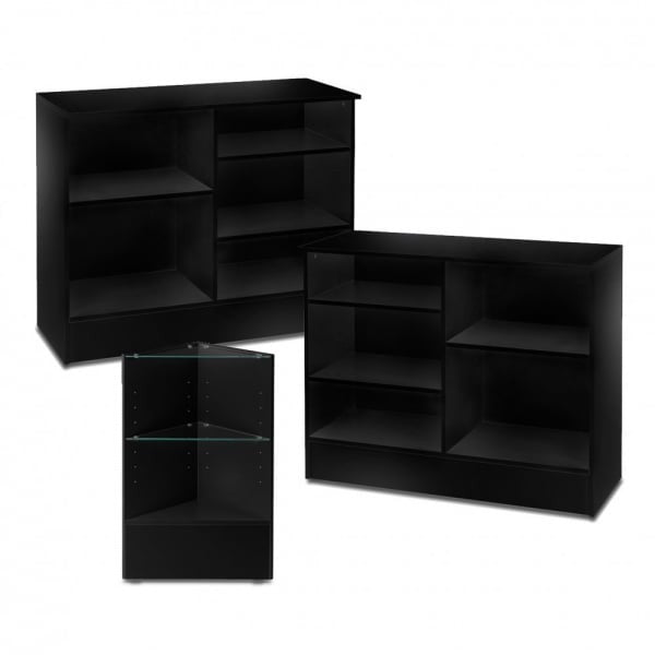 2 x Black Shop Counters and 1x Corner Display Unit with Glass Shelves Bundle