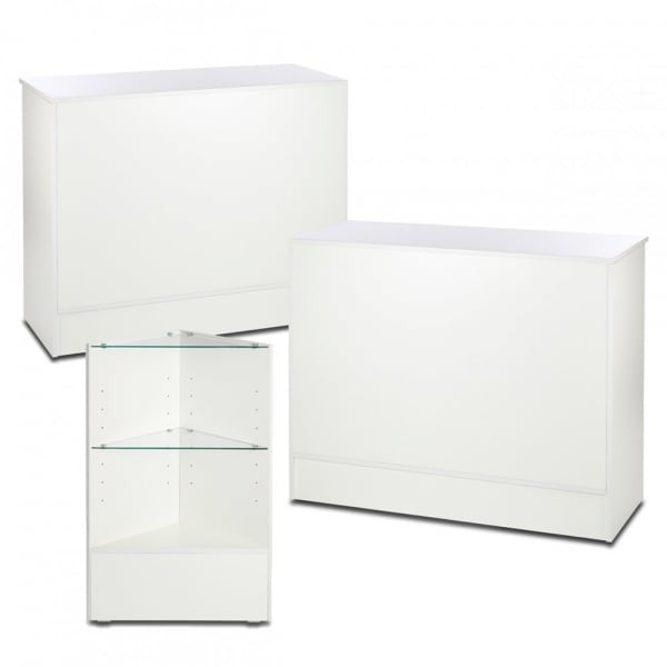 2 x White Shop Counters and 1x Corner Display Unit with Glass Shelves Bundle