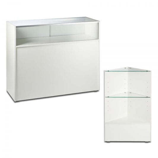 White Shop Counter With 1/4 Glass Display and Corner Display Unit Bundle - Silhouette Range