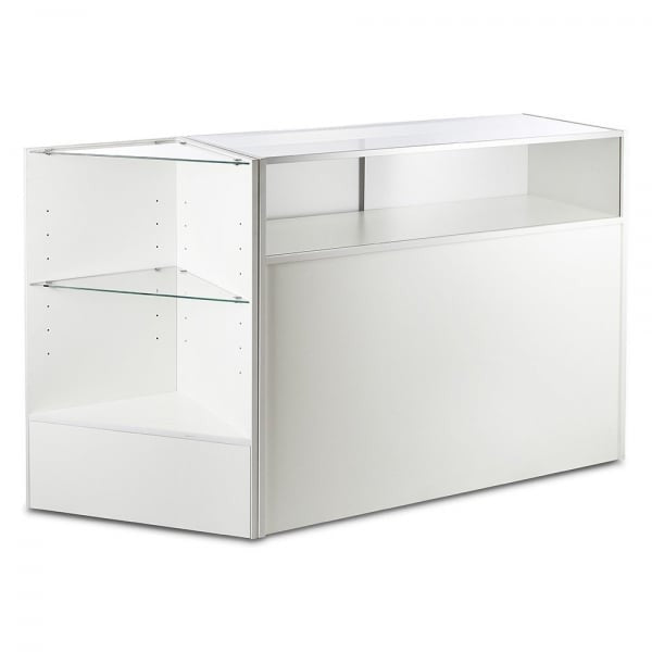 White Shop Counter With 1/4 Glass Display and Corner Display Unit Bundle - Silhouette Range