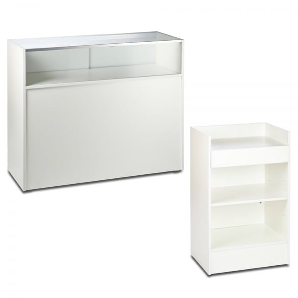 White Shop Counter With 1/4 Glass Display and Till Unit Bundle - Silhouette Range