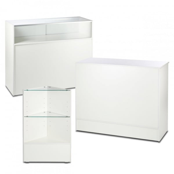 White Shop Counter With 1/4 Glass Display and Corner Display Unit Bundle