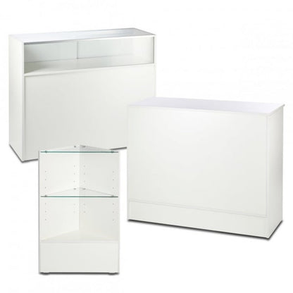 White Shop Counter With 1/4 Glass Display and Corner Display Unit Bundle