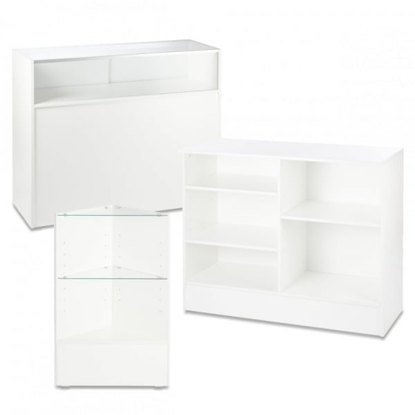 White Shop Counter With 1/4 Glass Display and Corner Display Unit Bundle