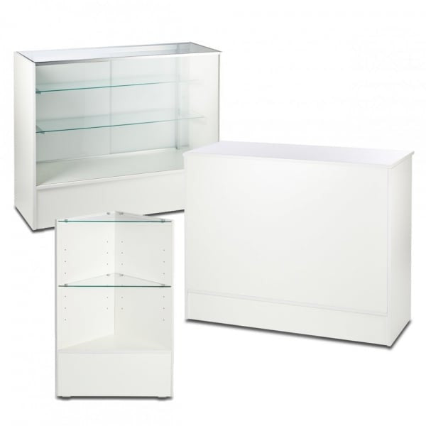White Shop Counter With 3/4 Glass Display and Corner Display Unit Bundle