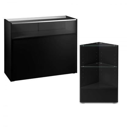 Black Shop Counter With 1/4 Glass Display and Corner Display Unit Bundle - Silhouette Range