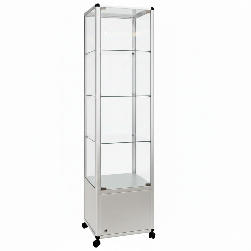 Glass Display Cabinet Tower with 3 Glass Shelves and Storage Cupboard - W500mm