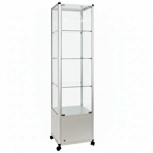 Glass Display Cabinet Tower with 3 Glass Shelves and Storage Cupboard - W500mm