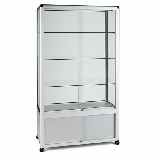 Glass Display Cabinet Tower with 3 Glass Shelves and Storage Cupboard - W1000mm