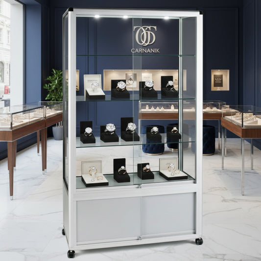 Glass Display Cabinet Tower with 3 Glass Shelves and Storage Cupboard - W1000mm